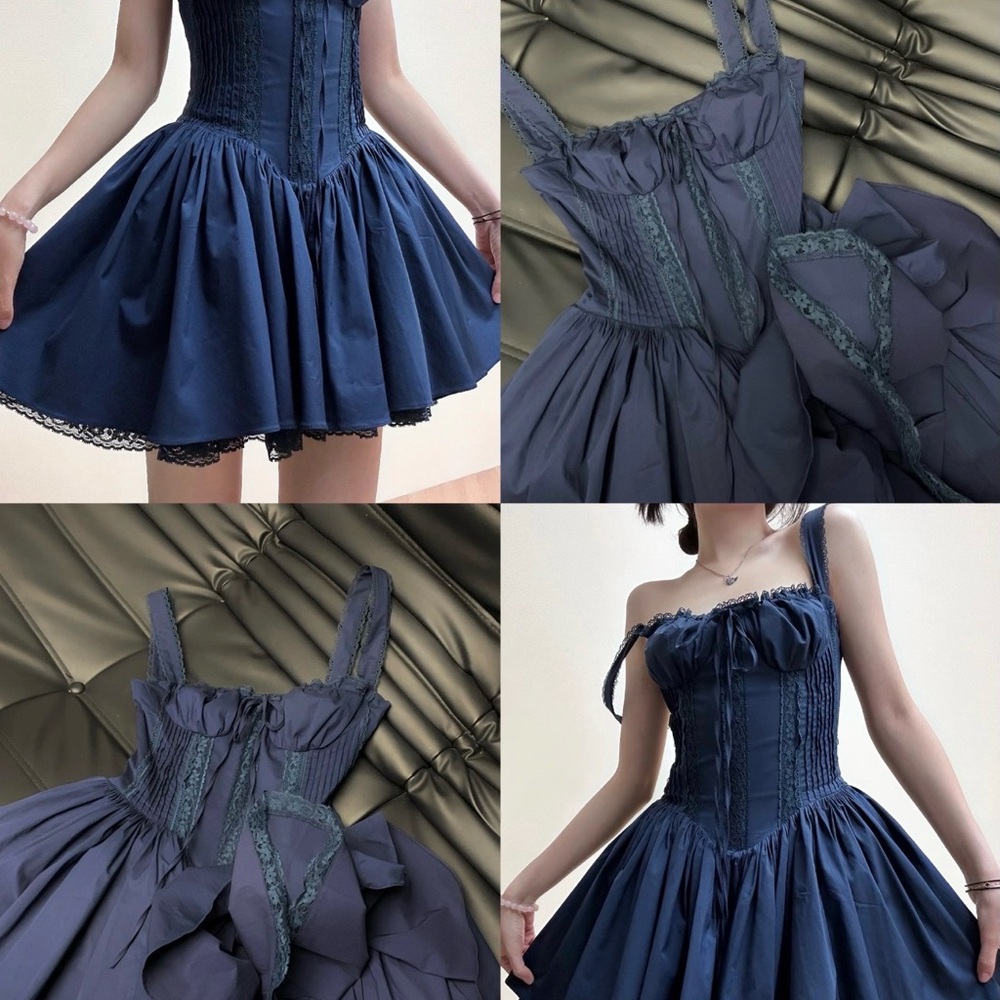 Navy Blue Gothic Dress with Corset Bodice